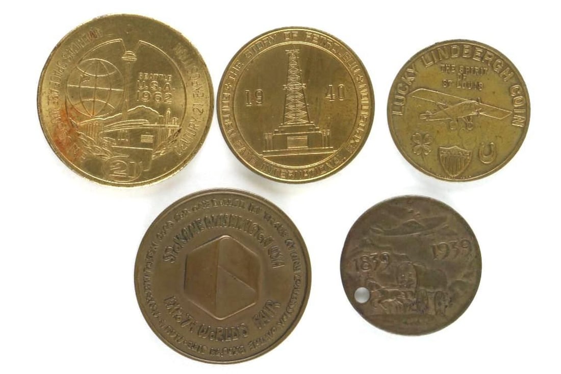 "Lucky Lindbergh" and Other Commemorative Coins/Tokens (9): A collection of exposition and commemorative coins/medallions, and misc. tokens: 1.) California Midwinter Exposition, San Francisco, 1894. 2.) Lucky Lindbergh, Spirit of St. Louis, 1927. 3.) Sac