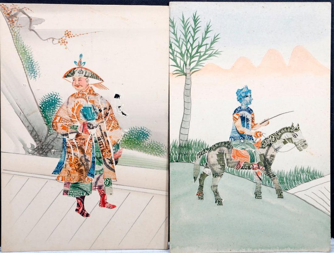 Vintage Chinese Stamp Collage Postcard Art (9): China, circa 1900-1940. A collection of nine original macerated stamp postal card artworks, each depicting a scene hand-painted in watercolor with applied collage of cut-up Chinese stamps. Depicting b