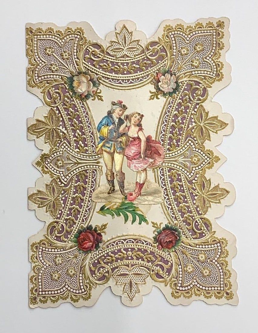 Vintage Valentines of Romantic Couples (6): A group of six circa 1880s Valentine cards: 1.) Vintage Valentine card with illustration of young couple with water, text "Love is Greeting" inside. Dimensions: 5 1/2 x 3 3/4 inches; Medium: paper, in