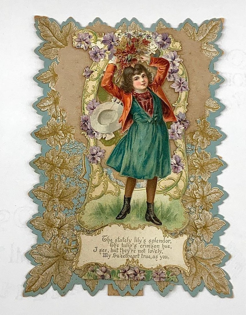 Two Vintage Oversized Valentines of Girls, Pop-up and Hearth Wreath: Two 1880s oversized Valentines: 1.) Valentine with smiling young girl wearing a red hat on center of heart shape open floral wreath. Medium: paper, ink printed. Dimensions: 8 3/4 x 5 1/4 inches. Condi