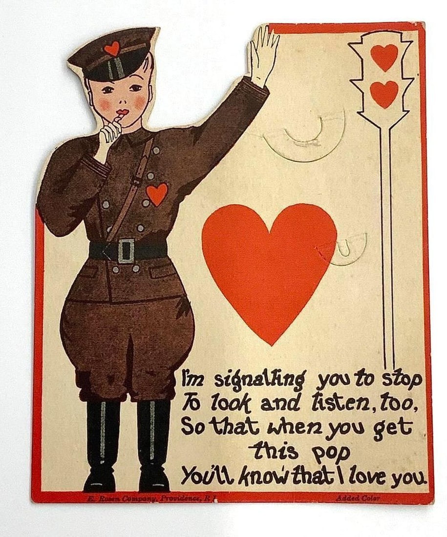 Group of c. 1920s Valentine Cards (7): Group of seven vintage Valentines cards: 1.) Valentine card with color illustration of girl in rocking chair with white kitten and text "If you love me it's time you said so." Medium: paper, ink.