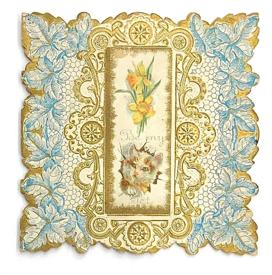 Four Vintage Valentine Cards, Scenic/Cat: A group of four vintage Valentine cards, scenic and cat, circa 1880s: 1.) Vintage Valentine card with gold & white arabesque pattern, oval cutout with flowers, lace, birds, cherub layers. Dimensi