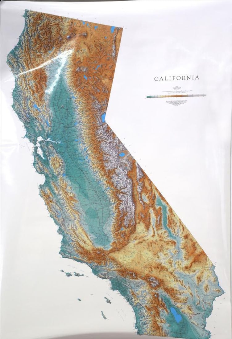 Topographic Wall Map of California, 1992: A LAMINATED MAP OF CALIFORNIA. Allan Cartography; Raven Maps & Images, Medford, Oregon, 1987 (Revised 1992).1:750,000 (based on USGS 1:500,000 scale state map series). 44" x 66." Condition/lamination 