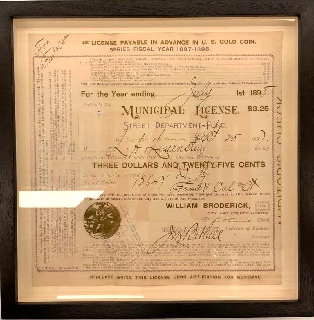 San Francisco Horse-Drawn Vehicle Municipal License, 1897-1898 (1 of 2)