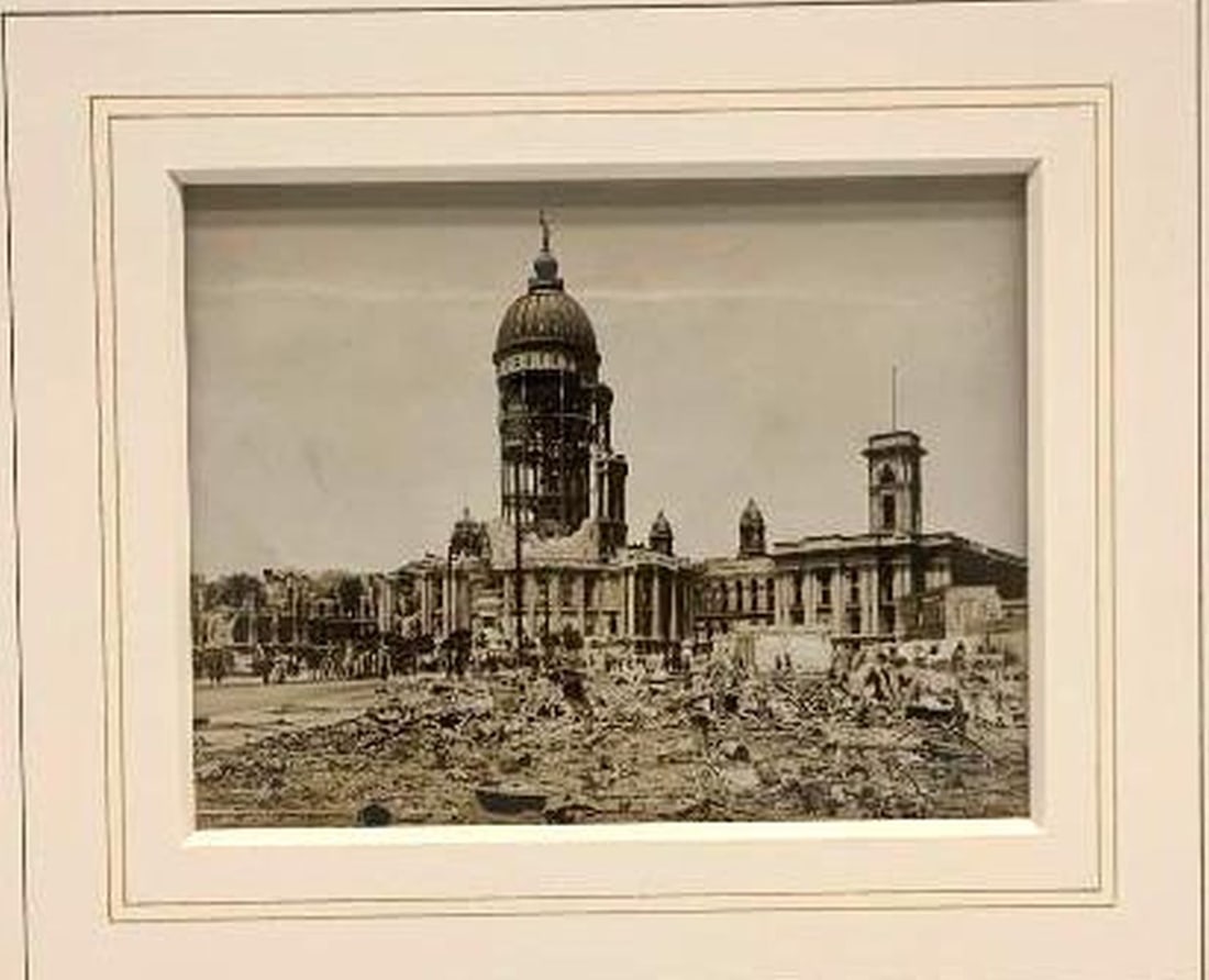San Francisco Old City Hall Photos (2), Before/After 1906 Earthquake: 1.) A Moulin Studios photograph of the facade of old San Francisco City Hall before the 1906 earthquake (later print). Nicely matted and framed. Dimensions: 7 1/4" x 9" (sight); nicely matted and