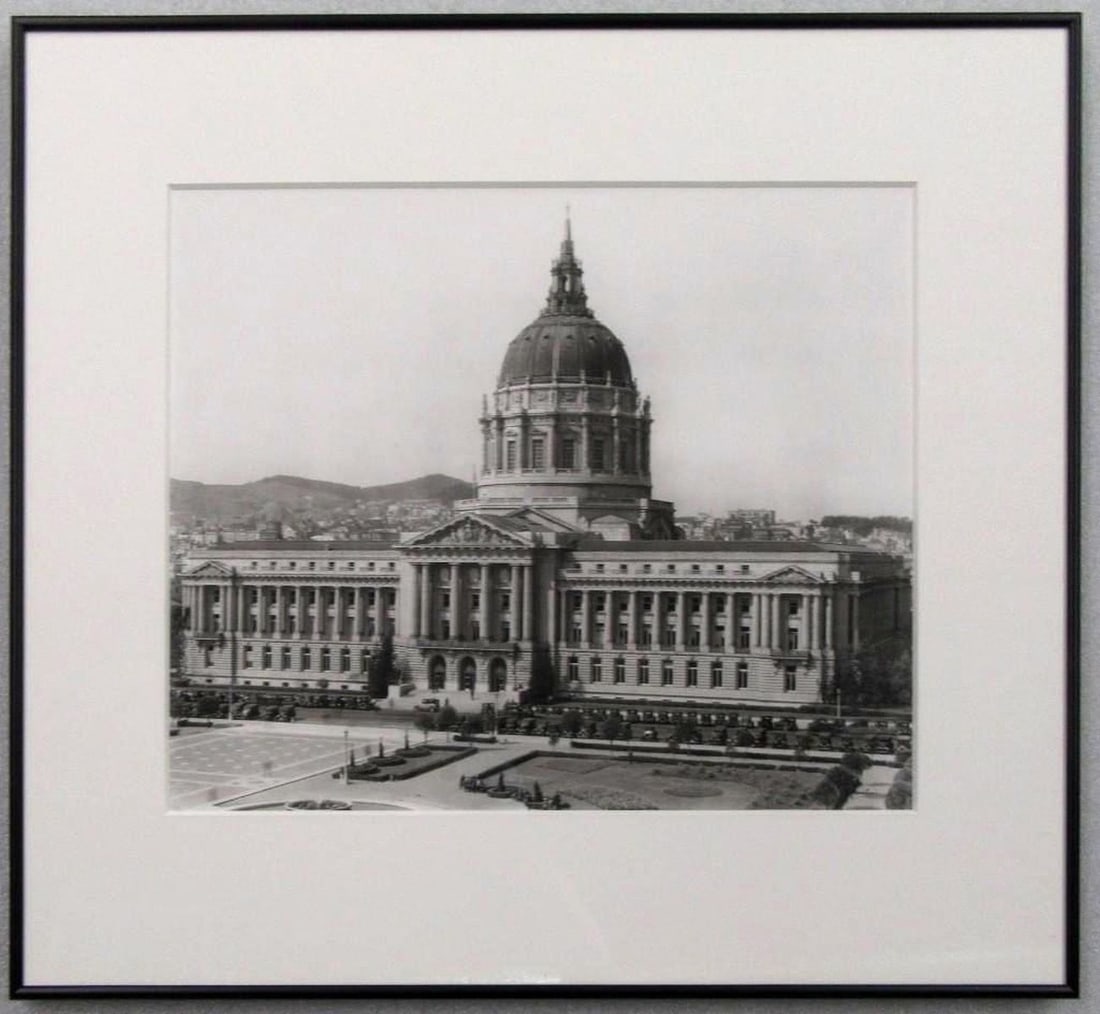 Moulin Studios Large Photo of San Francisco City Hall: A Moulin Studios black and white photograph of San Francisco City Hall circa 1922 (later print). Dimensions: 15.75" x 19.75" (40 x 50.2 cm); nicely matted and framed, 25" x 28." Condition appears good
