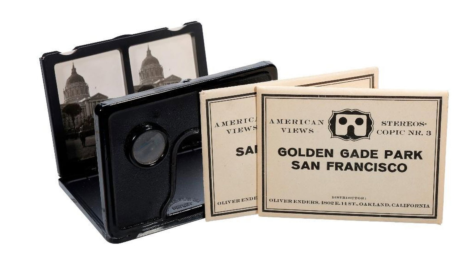 Pocket Stereoscopic with San Francisco Photos: A circa 1920s Pocket Stereoscopic Apparatus (folded 3 3/4" x 5"), in box. Comes with two packets of American Views, printed in Germany: "San Francisco I," and "Golden Gade[sic] Park San Francisco" (Di