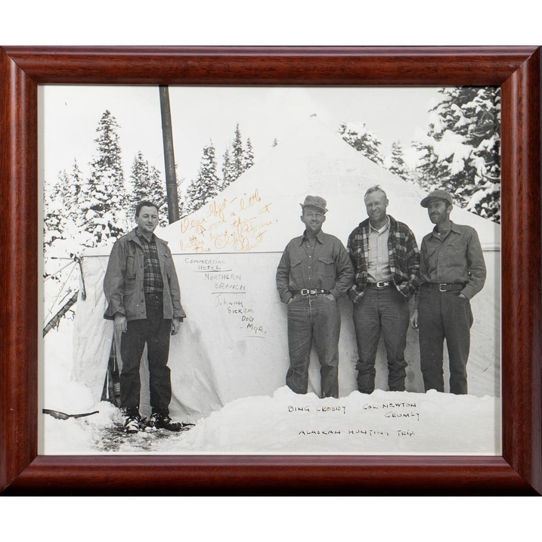 Bing Crosby and Newt Crumley Alaska Photo, with Eddie Rickenbacker Cliff House Memento: [AVIATION.] An original/vintage "Alaskan Hunting Trip" photo of Air Force pilot NEWTON H. CRUMLEY (1911-1962) with BING CROSBY (1903-1977), along with Johnny Sickem Dog, Mgr. of the Commerci