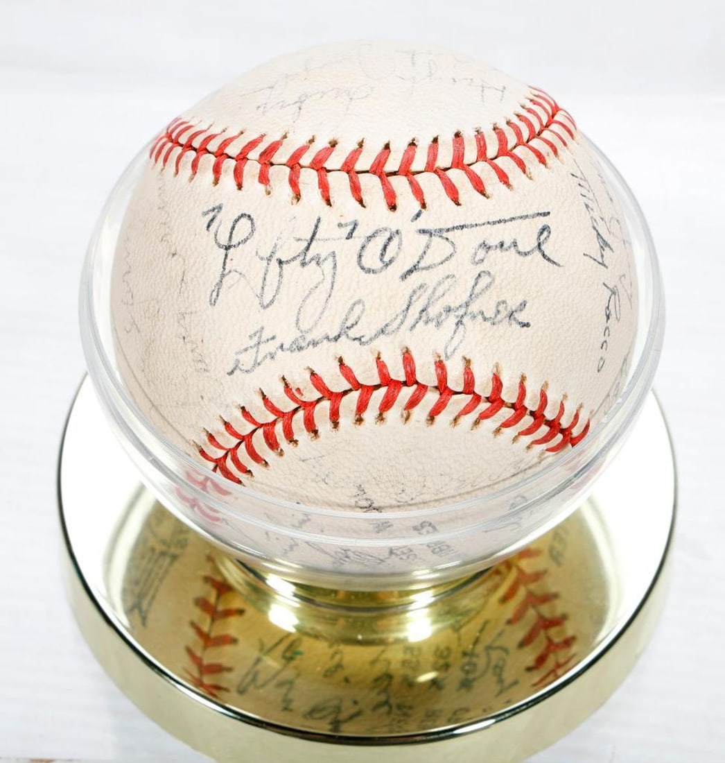Signed Baseball, Lefty O'Doul and Others, 1948: FRANCIS JOSEPH "LEFTY" O'DOUL (1897-1969), AND OTHERS. An Official League signed baseball, hand dated 1948, with approx. 20+ signatures, including Lefty O'Doul, Frank Shofner, Mickey Rocco, Roy Nicely