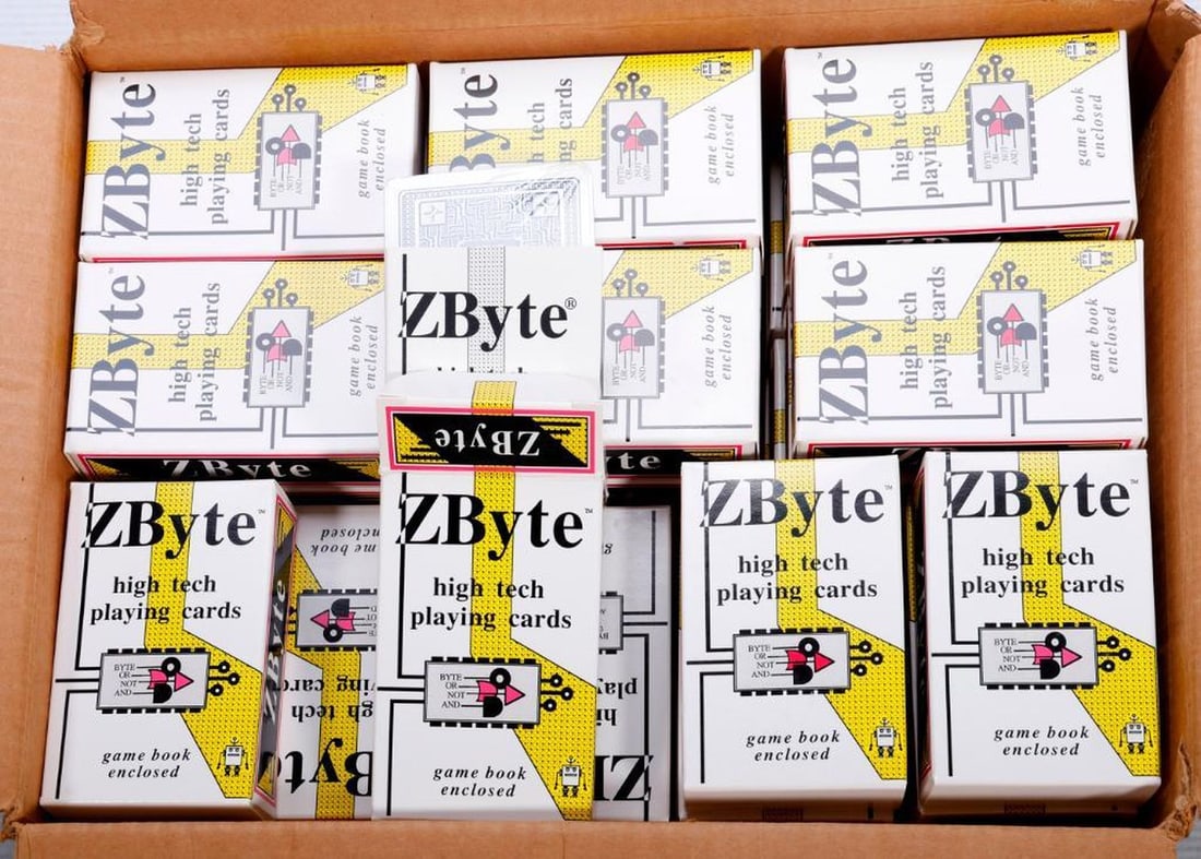 ZByte High Tech Playing Cards, by H. A. Layer, Stock/Bulk Lot: [EARLY TECH-ERA/LOGIC THEME CARD GAMES.] LAYER, HAROLD A. ZByte High Tech Playing Cards. San Francisco: H. A. Layer, 1993. First edition card decks/booklets. The lot includes 11 cartons cont