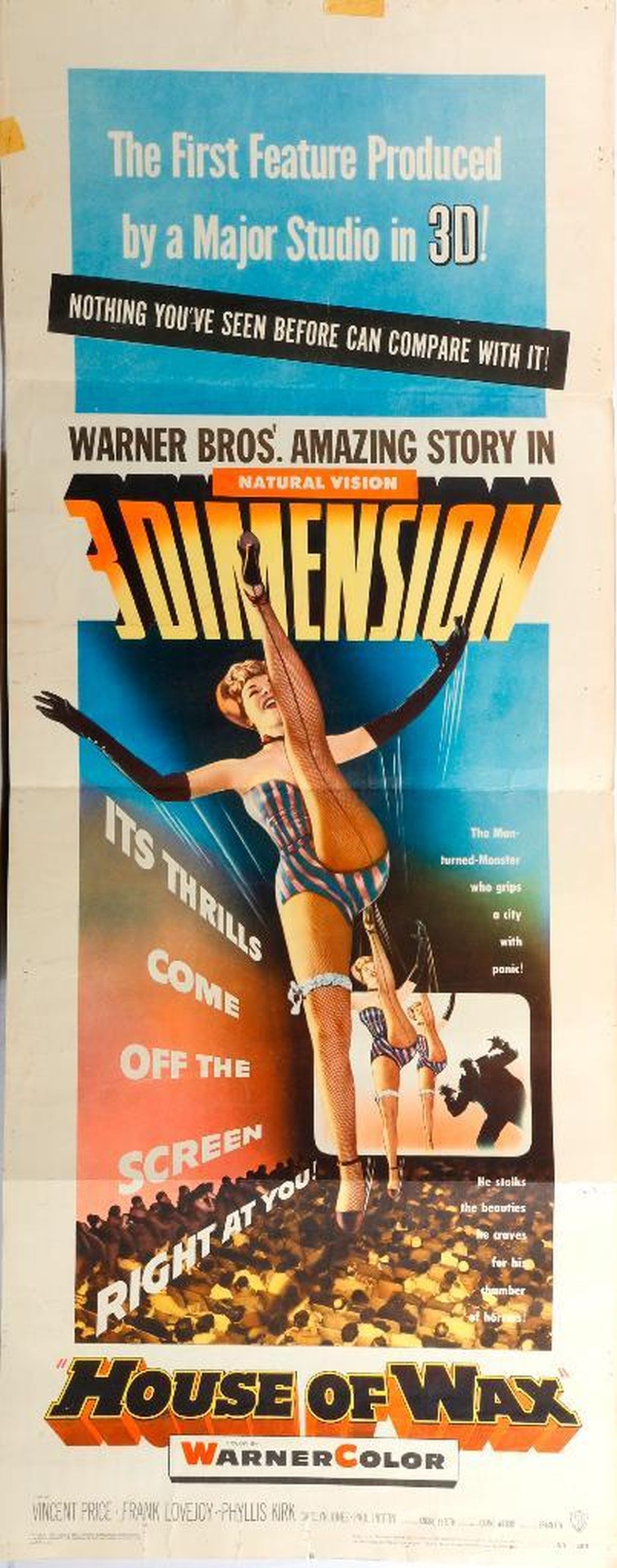 House of Wax 3-D Movie Insert, 1953: House of Wax, 3 Dimension, Warner Bros. Pictures, 1953. Movie insert poster. "Nothing You've Seen Before Can Compare With It!" Starring Vincent Price. Color by Warner Color. 36" x 14." Condition