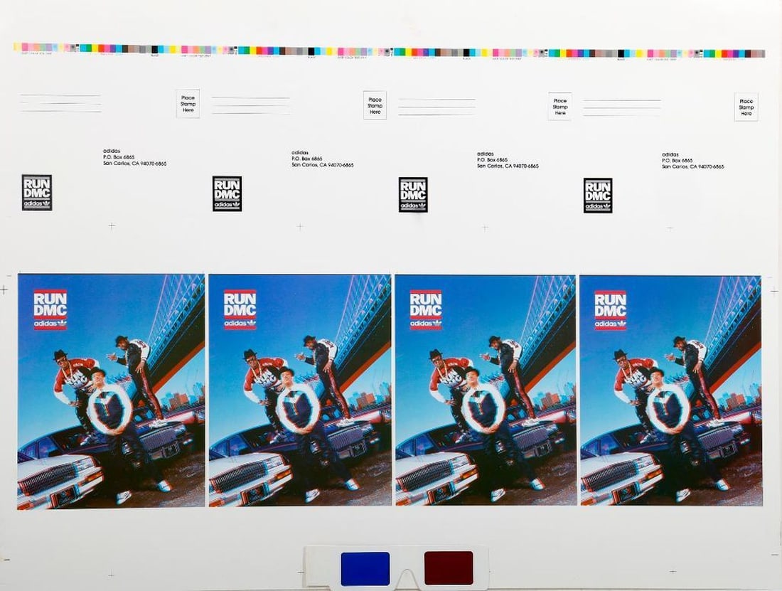 Run-DMC/Adidas Uncut 3-D Proof/Mailer Sheets (7): RUN-DMC/ADIDAS COLLABORATION PROMOTIONAL MATERIAL. Circa 1986. A group of seven duplicate uncut proof sheets for a mailer/packaging. Features a 3-D offset image of the rappers below Manhattan Bridge. 