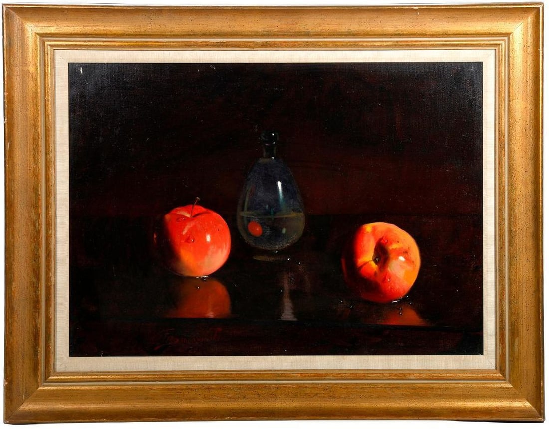 Franco Barasciutti (Born 1941), Still Life Painting: Artist: Franco Barasciutti (Born 1941). Title/Description: Apples and decanter still life. Signature: F. Barasciutti l/l. Medium: Oil on canvas. Size: 20 1/4" x 28 1/2" (frame 27 1/2" x 35 1
