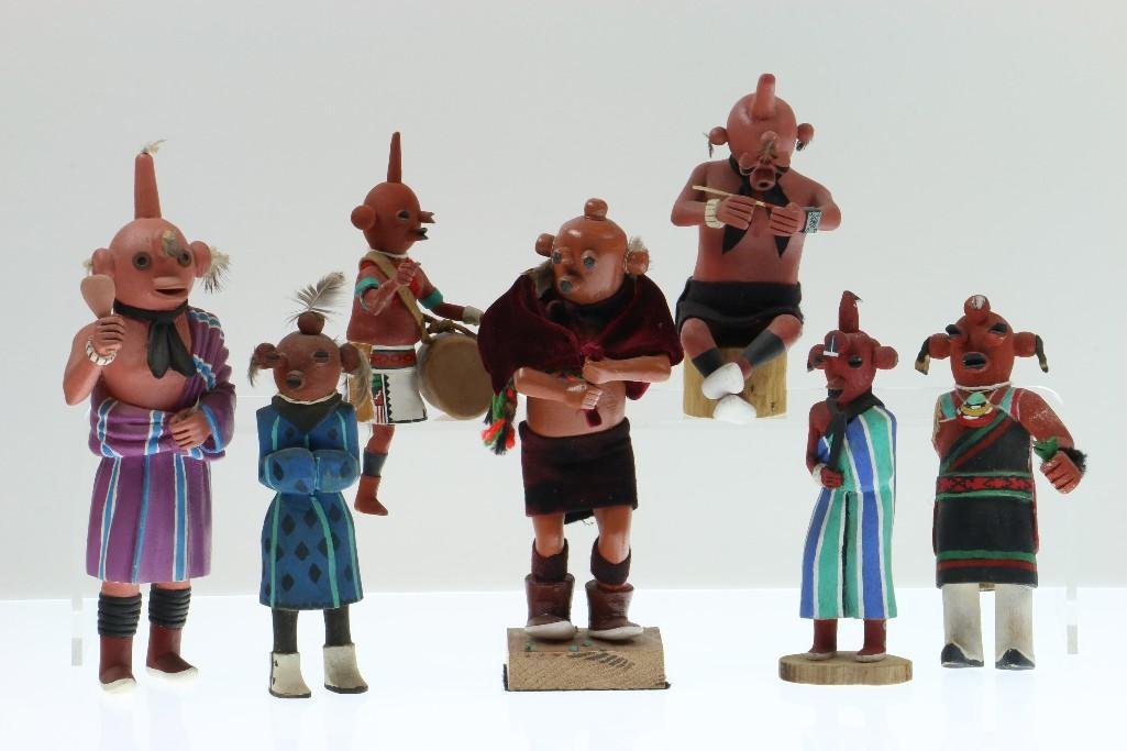 Six Hopi Mudhead Kachina dolls: Including a seventh example of hardwood possibly not Hopi. Turner Auctions + Appraisals is pleased to present basketry and other items from Native American and other indigenous cultures from the priva