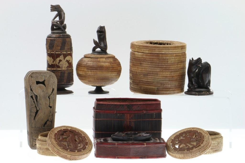 Seven Indonesian containers: Wood or basketry, several with carved finials. Turner Auctions + Appraisals is pleased to present basketry and other items from Native American and other indigenous cultures from the private collectio