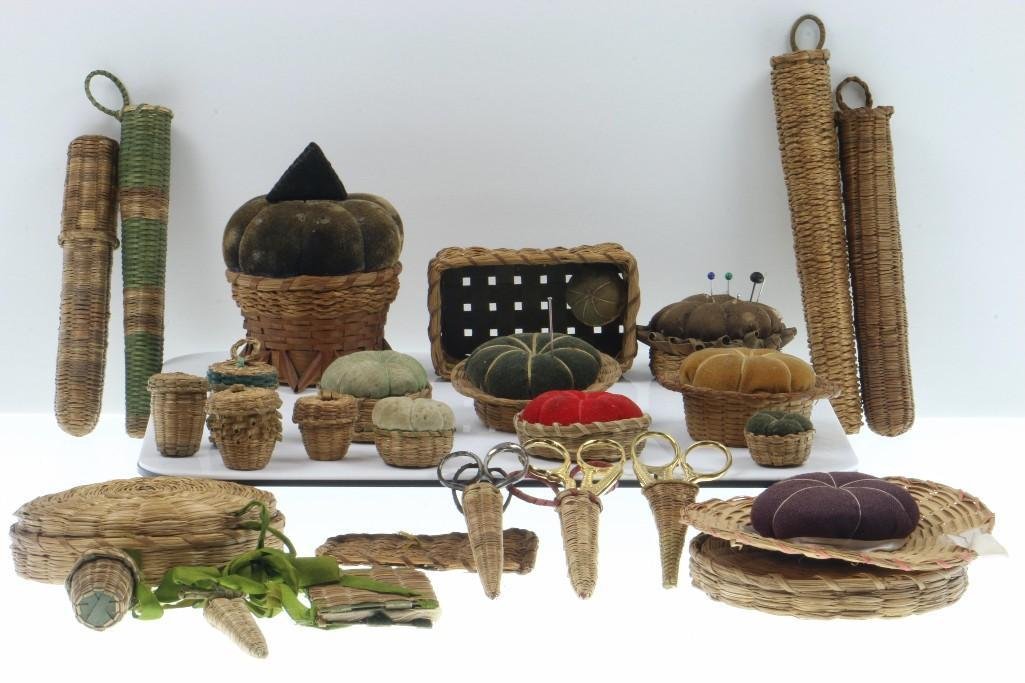 Collection of Ojibwa sewing-related materials: Basketry scissors and needle containers, thimble baskets and pin cushions. Turner Auctions + Appraisals is pleased to present basketry and other items from Native American and other indigenous culture