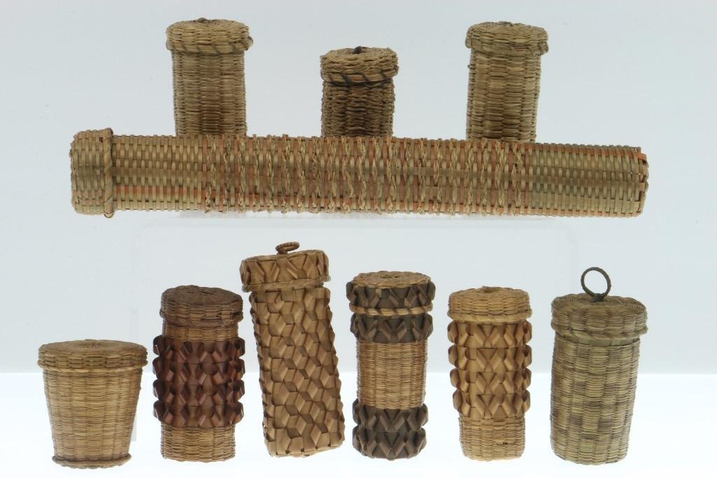 Ten Ojibwa lidded cylinder containers: Ojibwa lidded cylinder containers. Turner Auctions + Appraisals is pleased to present basketry and other items from Native American and other indigenous cultures from the private collection and estate