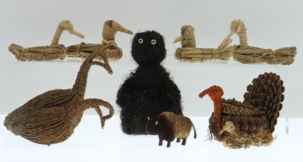 Collection of Native American effigies: Seven ducks, two geese, a turkey, a buffalo and a human doll. Turner Auctions + Appraisals is pleased to present basketry and other items from Native American and other indigenous cultures from the pr