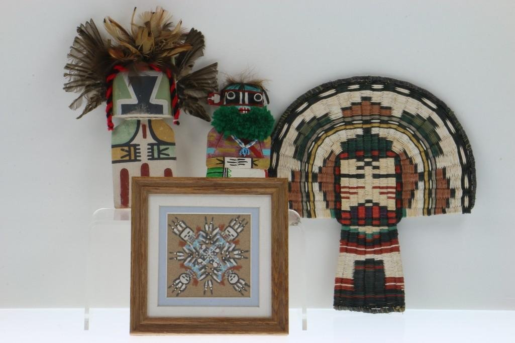 Four Southwest items: Including Hopi cradle Kachina dolls, a basketry Kachina and a Navajo sand painting. Turner Auctions + Appraisals is pleased to present basketry and other items from Native American and other indigenou