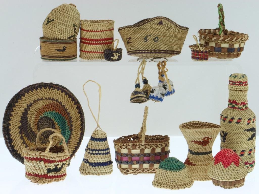 Collection of Makah basketry miniatures: Including a bottle, earrings, an Easter egg and more. Turner Auctions + Appraisals is pleased to present basketry and other items from Native American and other indigenous cultures from the private co