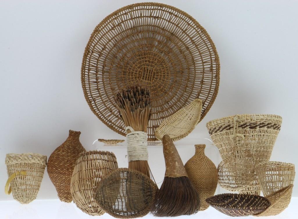Collection of Central and Northern California basketry: Central and Northern California basketry implements and a soaproot brush. Turner Auctions + Appraisals is pleased to present basketry and other items from Native American and other indigenous cultures