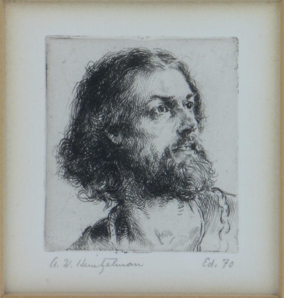 Arthur William Heintzelman (American, 1891-1965): Arthur William Heintzelman Two etchings. "Amfortas and Study of Meri" Overall condition fair with signs of toning throughout. Artwork: 3 x 2 3/4 inches each Frame: 15 1/2 x 11 1/2 inches Art