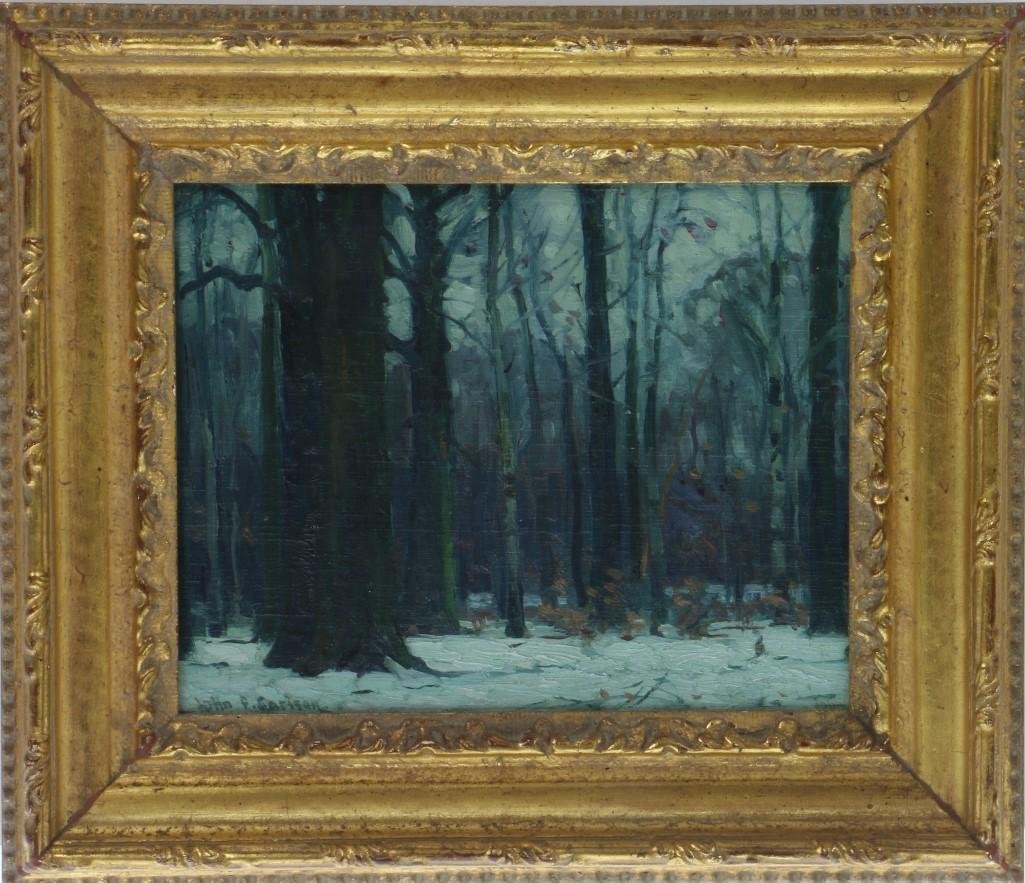 JOHN FABIAN CARLSON (1874/75 - 1945): John F. (Fabian) Carlson. Oil on panel. Signed lower left. "Winter trees" Artwork: 6 3/4 X 8 1/2 inches Frame: 11 x 13 inches