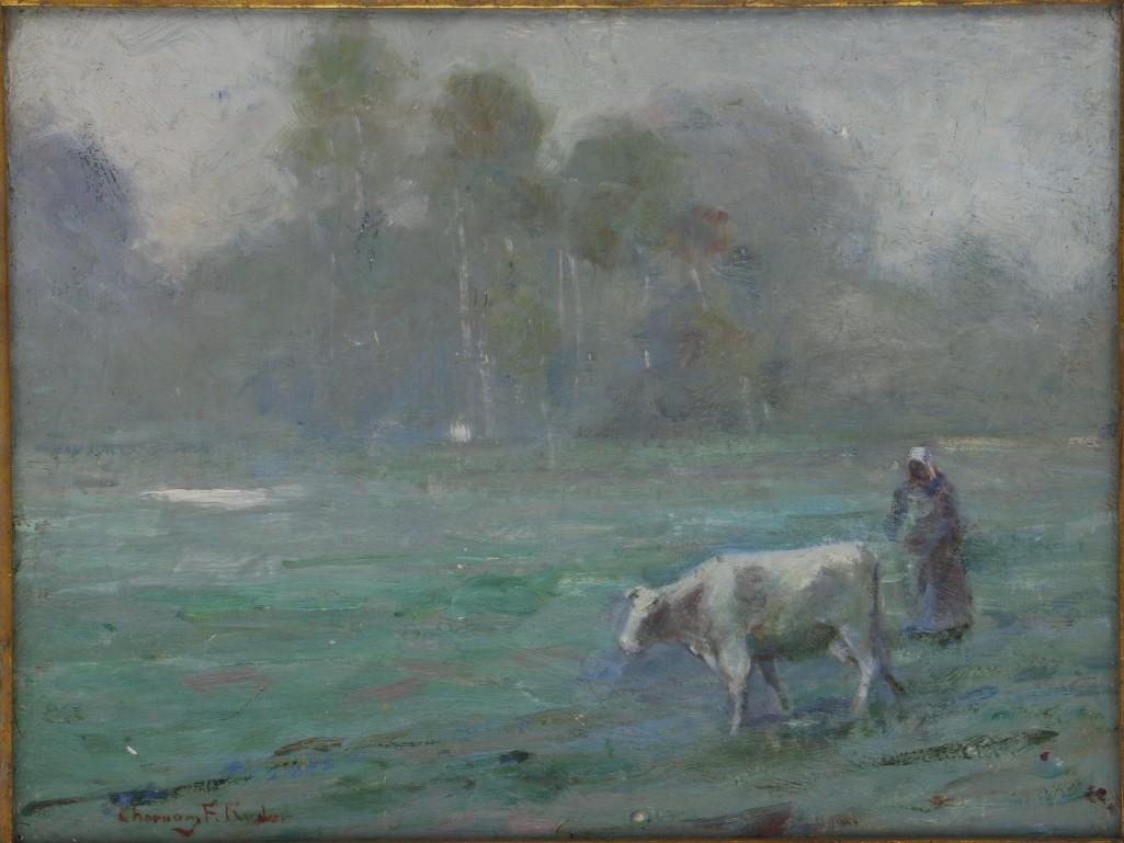 CHAUNCEY FOSTER RYDER (1868 - 1949): Chauncey Foster Ryder. Oil on panel. Landscape with figures. Signed lower left. Artwork:10 x 13 1/4 inches Frame: 15 1/2 x 18 1/2 inches