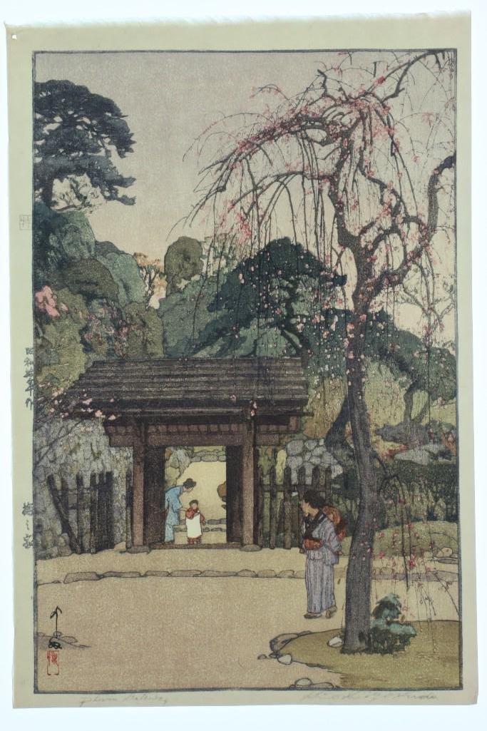 HIROSHI YOSHIDA JAPANESE WOODBLOCK PRINT: Hiroshi Yoshida woodblock print. "Plum Gateway" Block signed lower right. Overall condition very good Approximately 16 x 11 inches