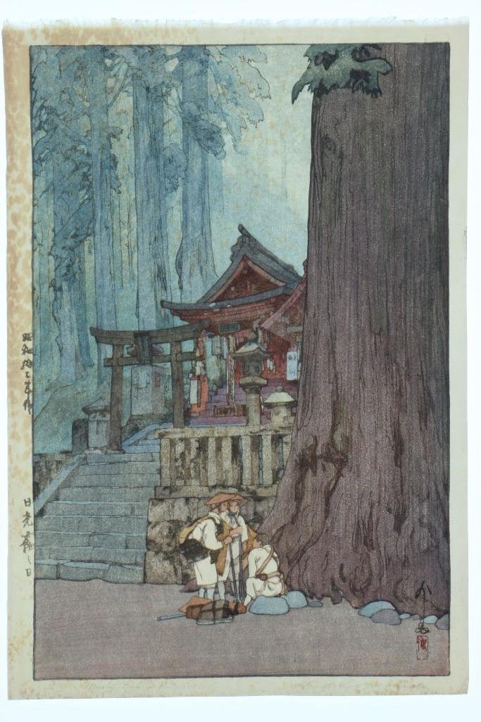 HIROSHI YOSHIDA JAPANESE WOODBLOCK PRINT: Hiroshi Yoshida woodblock print. "Misty Day in Nikko" Block signature. Overall condition good with foxing/toning around borders Approximately 16 x 11 inches