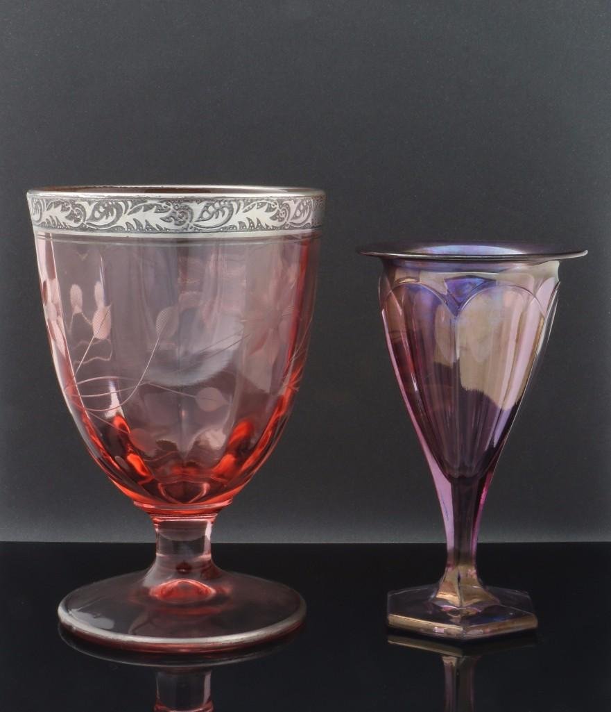 TWO COLORED GLASS VASES: Smaller vase is 5 3/4 inches tall Bigger vase is 6 1/2 inches tall