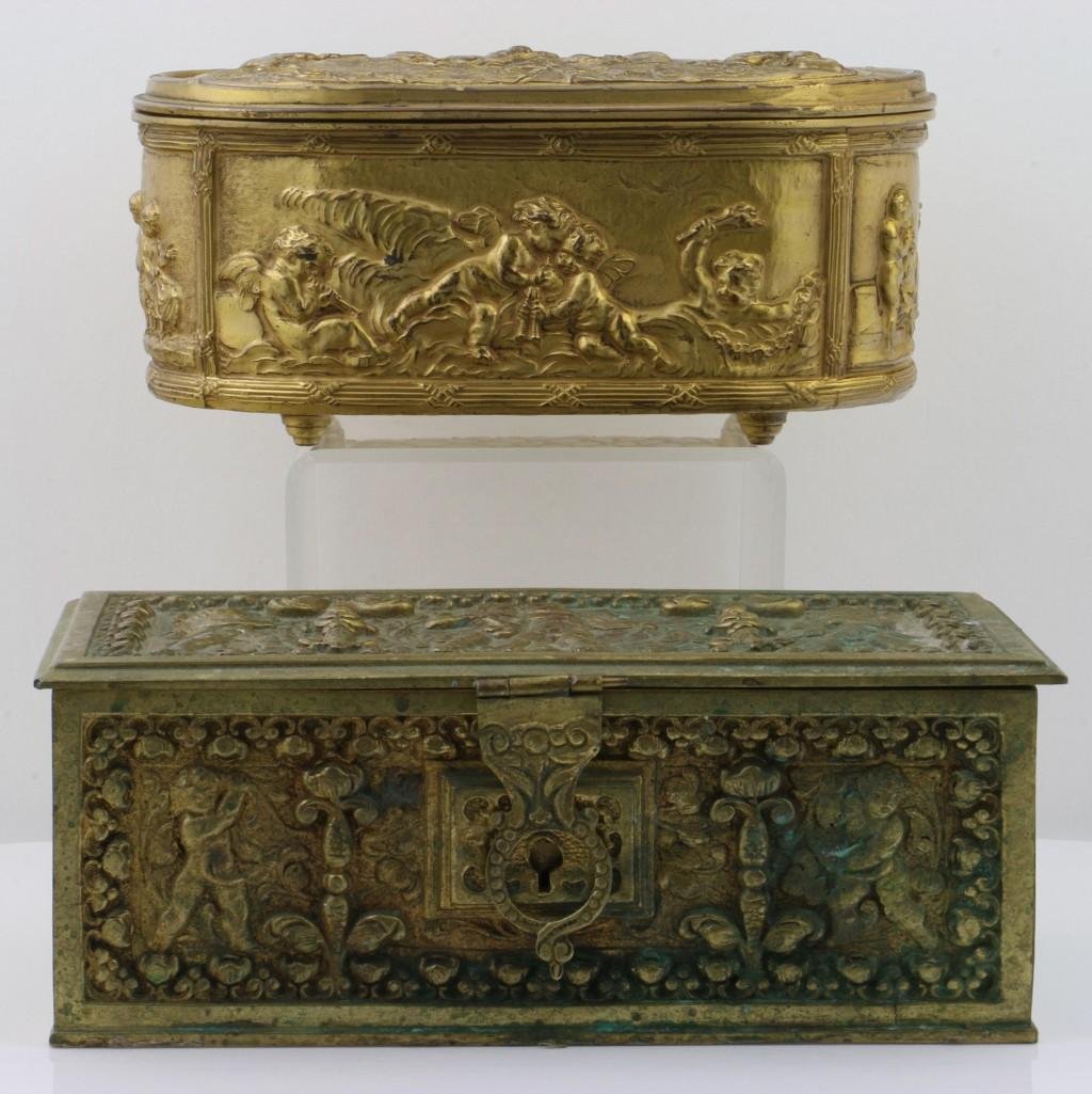 TWO FRENCH GILT METAL BOXES: Wear and stains from age 7 x 4 x 3 1/4 inches 8 x 4 x 3 inches
