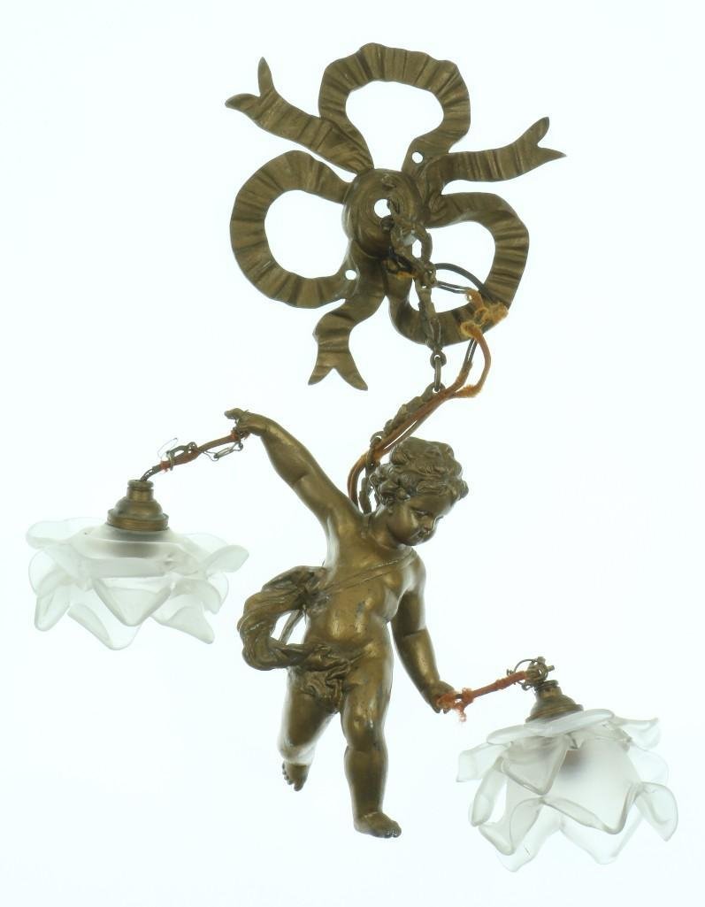 LATE 19TH CENTURY FRENCH FORMAL LIGHT FIXURE: Some scuffing and oxidation. Also one petal of right sconce cracked off Child is 7 1/2 inches tall and sconces are 4 inches in diameter.
