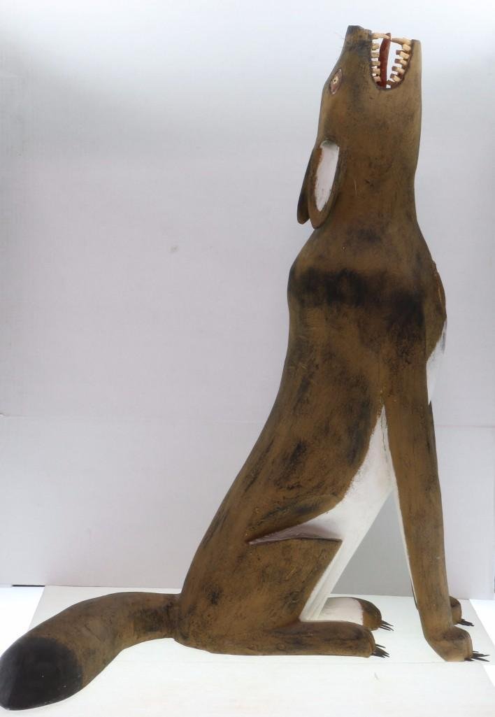 Southwest folk art wood coyote: By Hector Rascon, some damage to chest Height: 39 inches; Widest point: 32 inches Ã‚Â Additional Description: From the Estate of Nancy Florsheim, Lake Forest, Illinois Nancy Florsheim amassed o