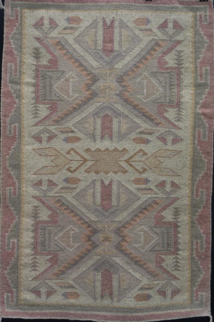 Navajo Teec Nos Pos-style raised outlne rug: 48 x 32 inches Additional Description: From the Estate of Margaret Taylor, Sedona, Arizona Margaret Taylor was a teacher for many years near the Hopi and Navajo reservations around Flagstaff, Arizona