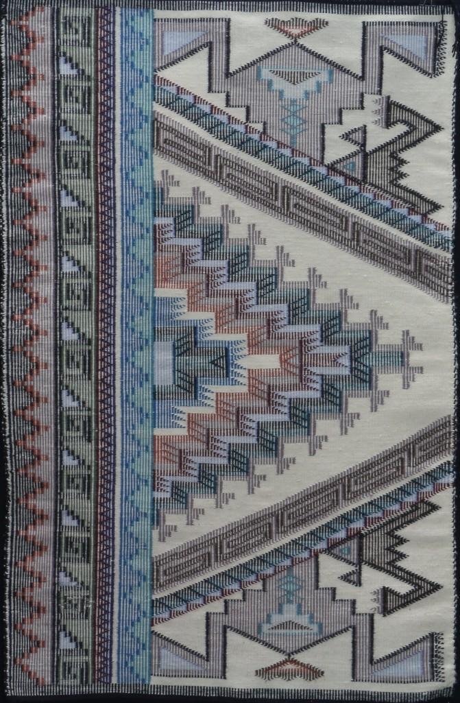 Unusual Navajo raised outline sampler rug: 54 x 34 inches Additional Description: From the Estate of Margaret Taylor, Sedona, Arizona Margaret Taylor was a teacher for many years near the Hopi and Navajo reservations around Flagstaff, Arizona