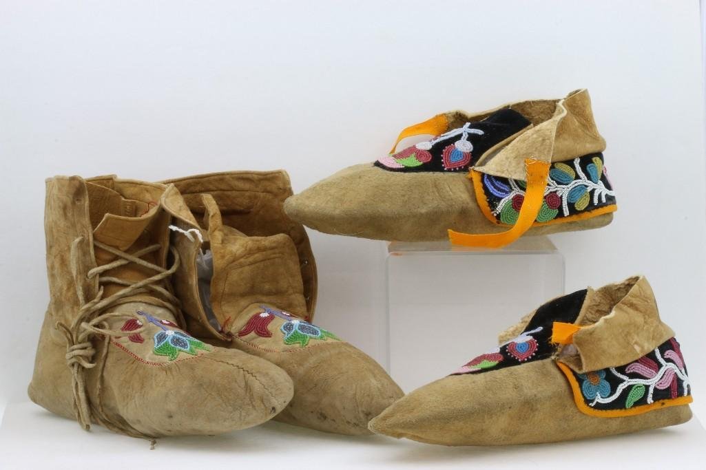 Two pairs of Northern Woodlands beaded moccasins: Cree high-tops and Ojibwa Both soles are approximately 10 1/2 inches long and 3 1/2-4 inches wide Additional Description: The property deaccessioned from a major Southwestern museum features semi-anti