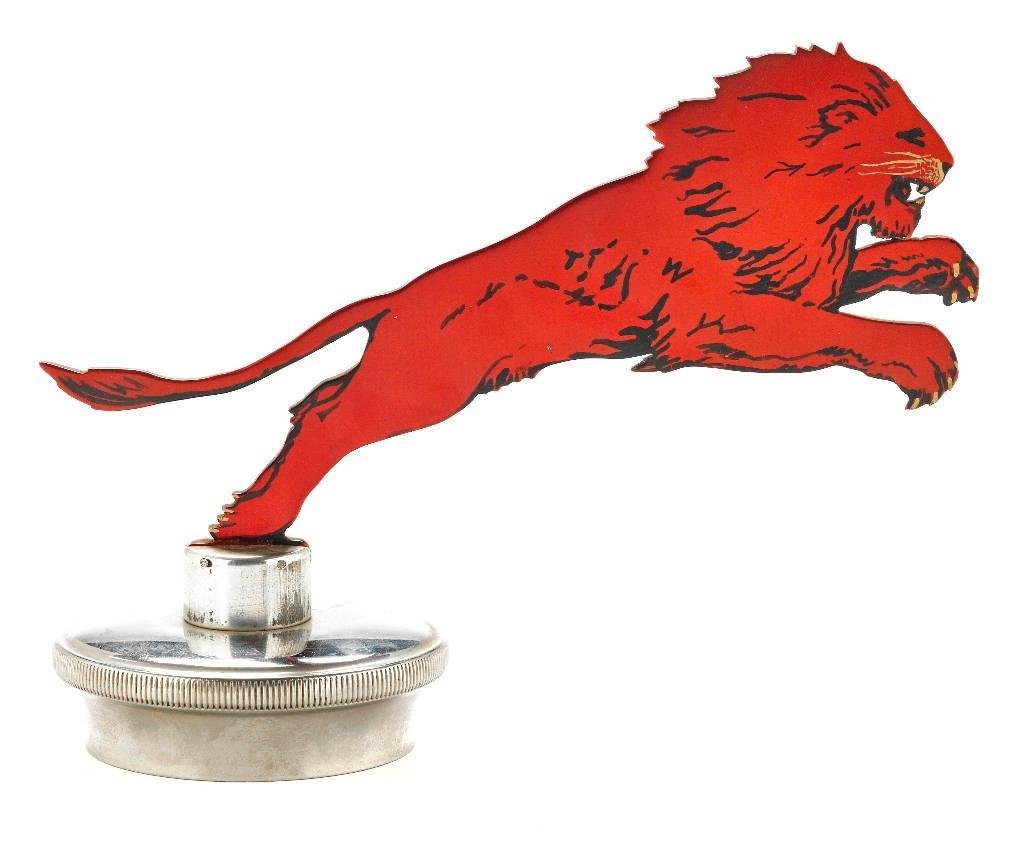MASCOT OF A 'GILMORE RED LION' ADVERTISING PIECE: Length: 7 1/4 inches Sy and Ronnie Margolis's eclectic collection features a wide range of hood or fender ornaments, from about 1909 to recent times. Most date from the 1920s and 1930s, with many from