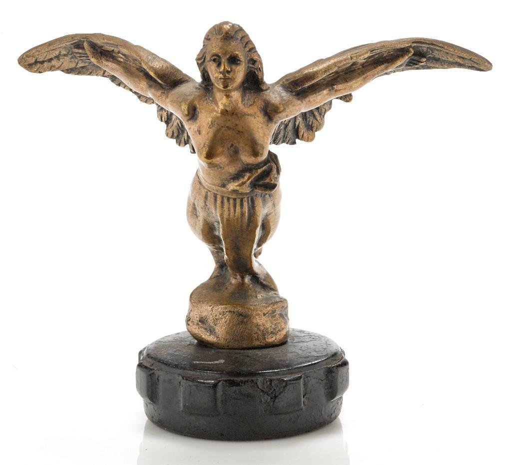 WINGED GODDESS MASCOT BY E. GREGOIRE: Height: 5 1/4 inches Sy and Ronnie Margolis's eclectic collection features a wide range of hood or fender ornaments, from about 1909 to recent times. Most date from the 1920s and 1930s, with many from