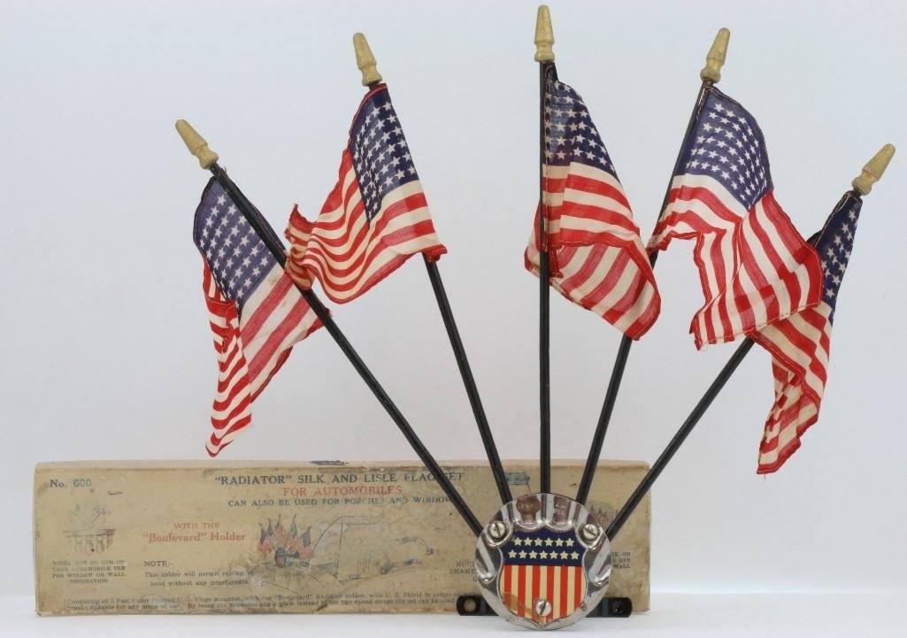 DETTRA RADIATOR SILK AND LISLE FLAG SET FOR AUTOMOBILES: Dettra's flag set comes with mounting bracket and can also be used for porches and windows. Height in middle: 11 1/2 inches Sy and Ronnie Margolis's eclectic collection features a wide range of h
