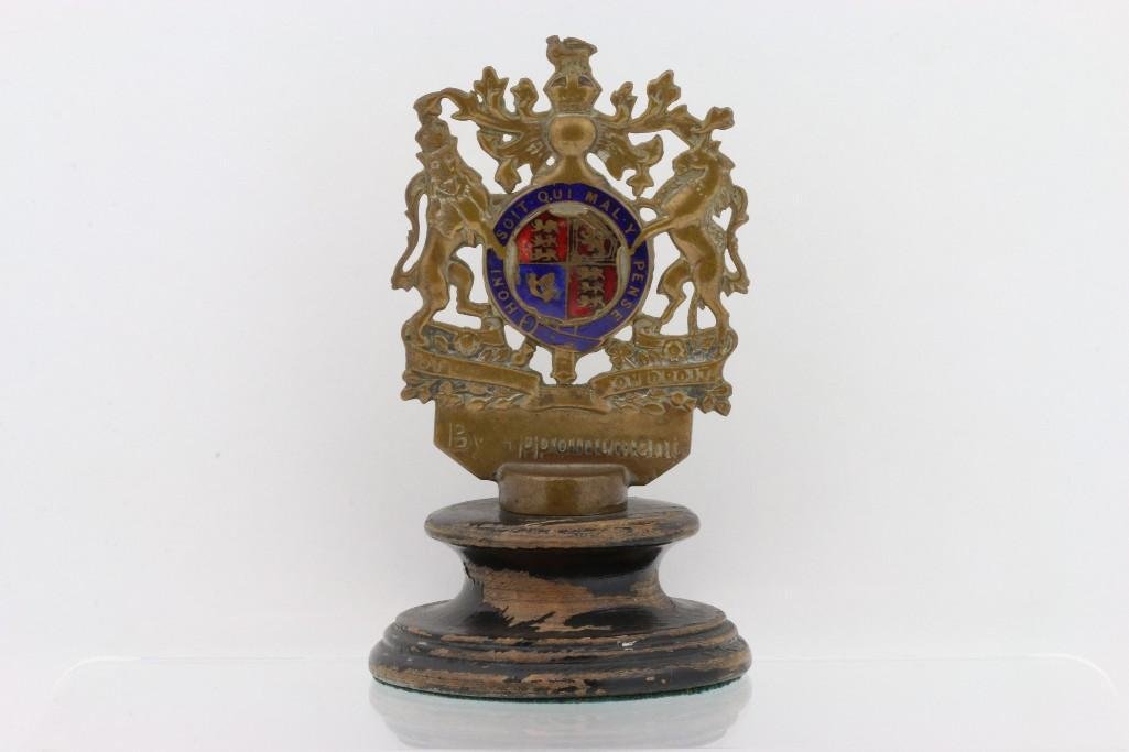 HENRY V COAT OF ARMS MASCOT, BRITISH, 1910: "By Appointment" '15722' on base Height: 6 inches Sy and Ronnie Margolis's eclectic collection features a wide range of hood or fender ornaments, from about 1909 to recent times. Most date f