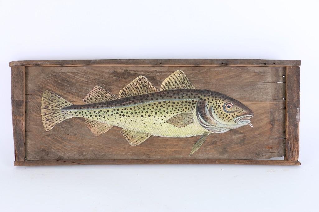 TWO FOLK ART PAINTED WOOD PANELS: SALMON & TROUT (1 of 4)