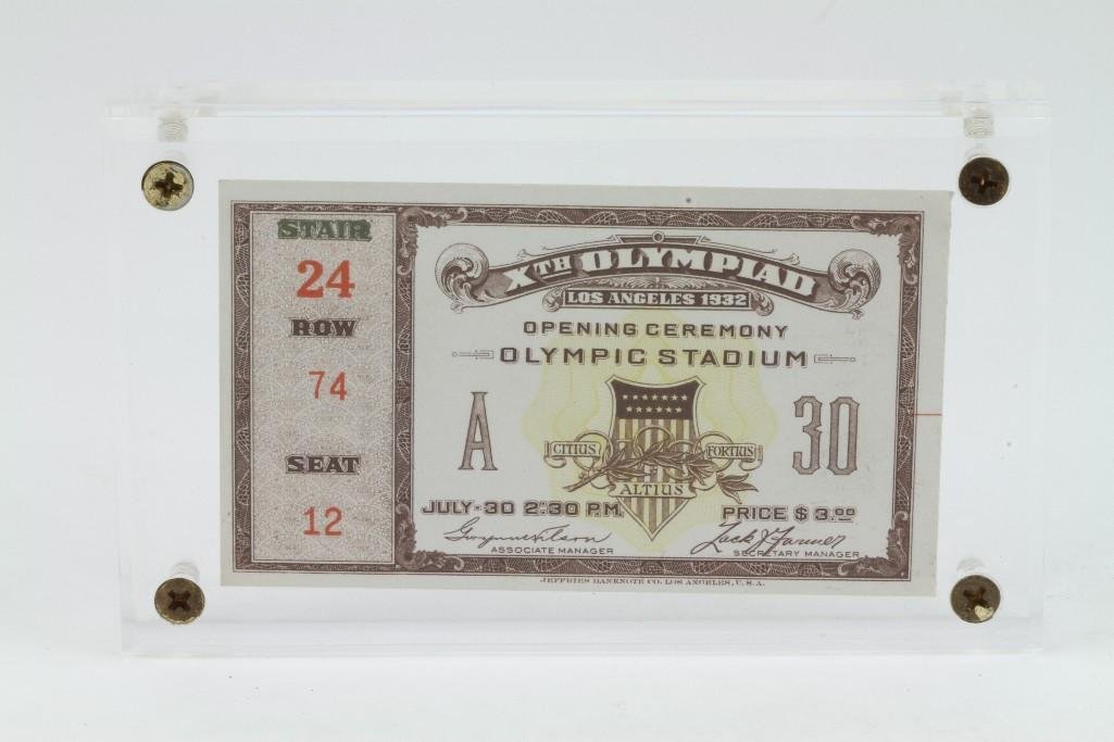 1932 OLYMPICS ORIGINAL OPENING CEREMONY TICKET: Olympic opening ceremony ticket Note: The sale features 110 lots related to the 1932 Olympics in Los Angeles, including car mascots, radiator badges, license plates, banners, maps, pennants, booklets,