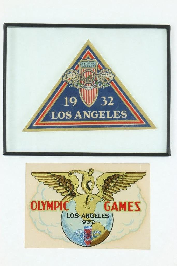 1932 LOS ANGELES OLYMPIC DECALS: Both approximately 4 X 5 1/2 inches Note: The sale features 110 lots related to the 1932 Olympics in Los Angeles, including car mascots, radiator badges, license plates, banners, maps, pennants, bookl
