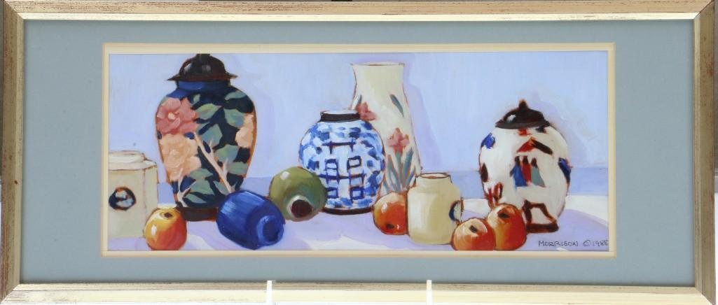 Brenda Morrison (20th century) "Still life with pots": Artist: Brenda Morrison (20th century) Signature: Signed lower right Size: 5" x 11.75