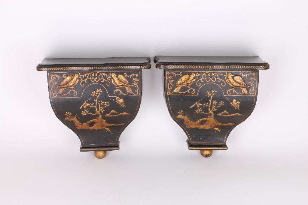 PAIR CHINOISERIE BLACK & GILT LACQUERED WOOD BRACKETS: LATE 20TH CENTURY, HEIGHT 12 INCHES, WIDTH 12 3/4 INCHES, DEPTH 7 INCHES.