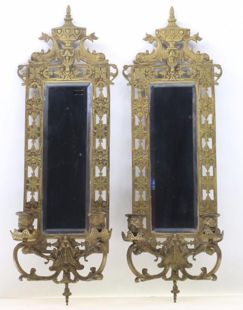 PAIR RENAISSANCE REVIVAL BRASS TWO LIGHT WALL MIRRORS (1 of 2)