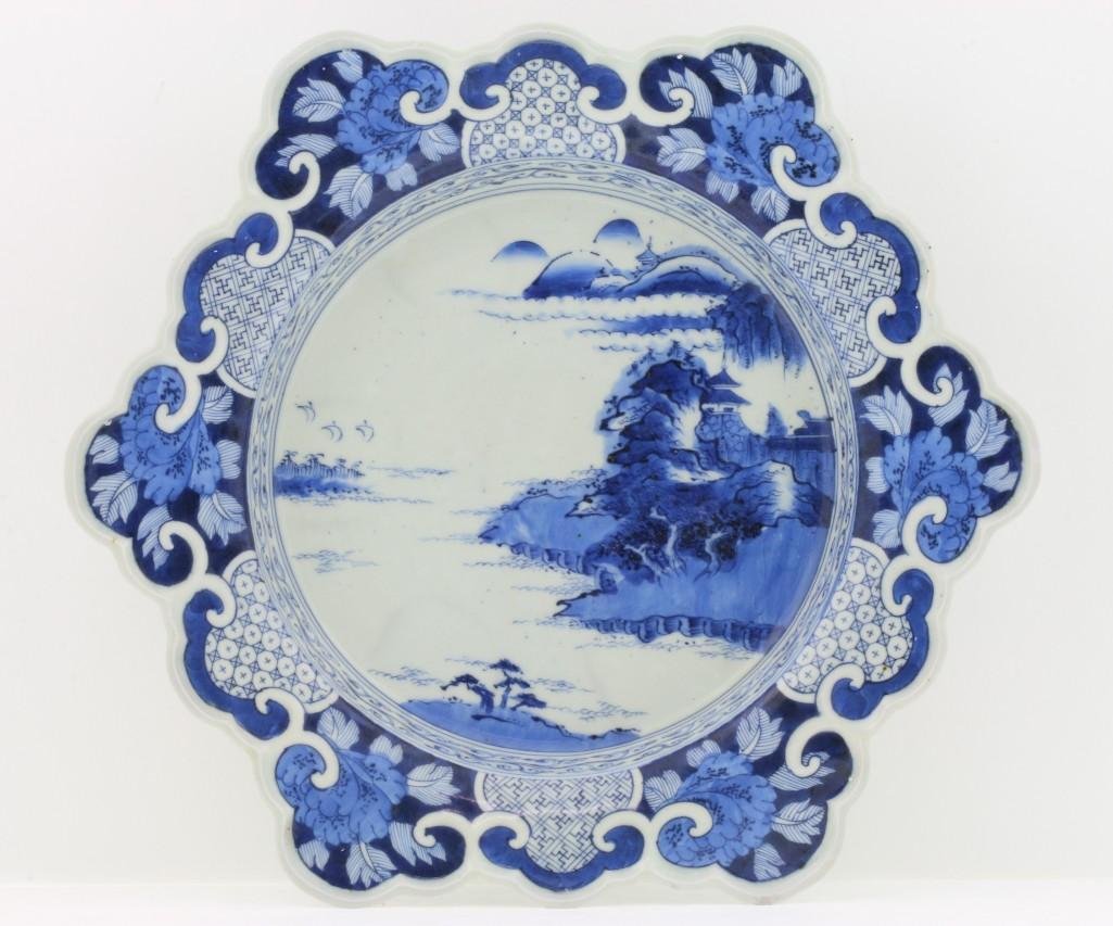 JAPANESE BLUE AND WHITE PORCELAIN DISH, 19TH CENTURY: Diameter: 13 3/4 inches Minor chips around rim