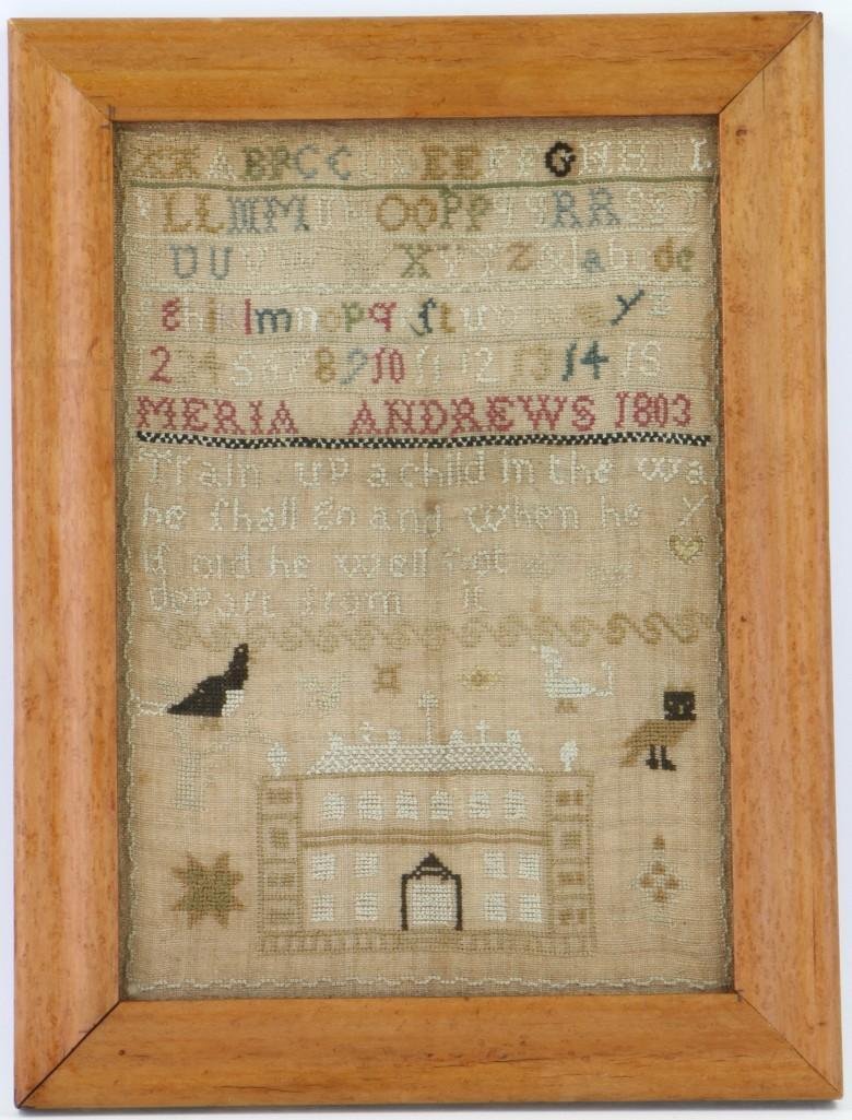 A silk and linen Needlework sampler 1803 (1 of 2)