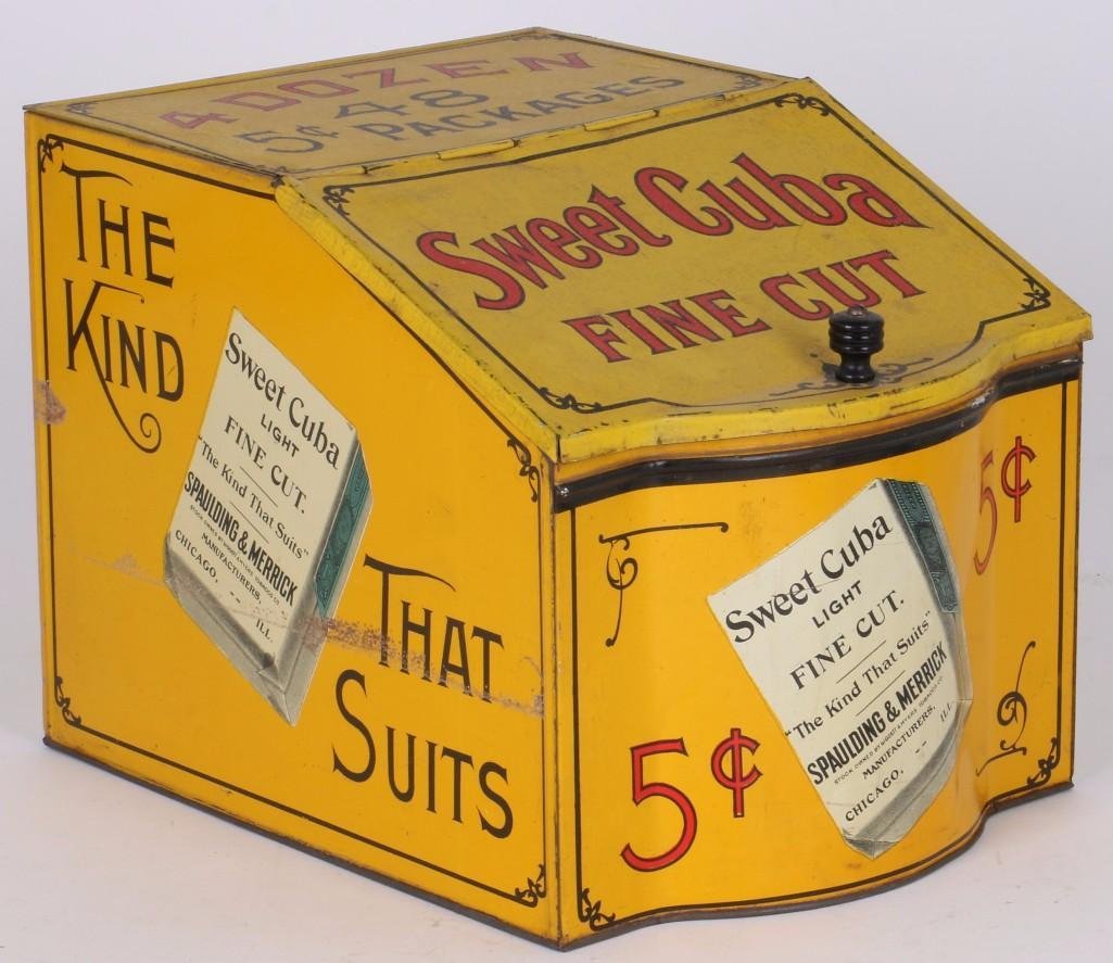 VINTAGE ADVERTISING TIN 'SWEET CUBA FINE CUT TOBACCO': HEIGHT 8 INCHES, WIDTH 8 INCHES, DEPTH 10 1/2 INCHES. SOME SMALL RUST HOLES IN BASE OTHERWISE IN GOOD CONDITION. Turner Auctions + Appraisals is pleased to present the Americana Collection